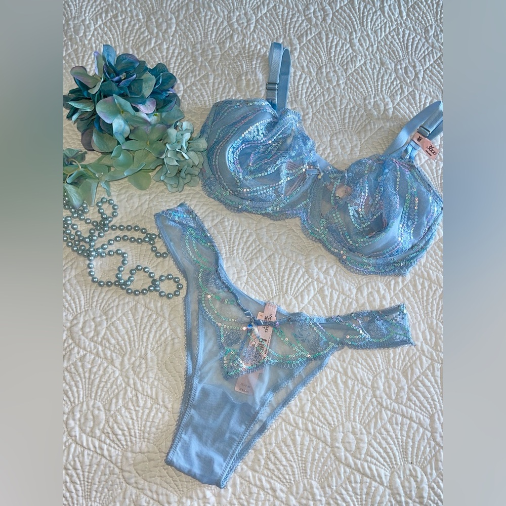 Wicked Iridescent Embroidery Unlined Balconette Bra Brazilian Panty Set